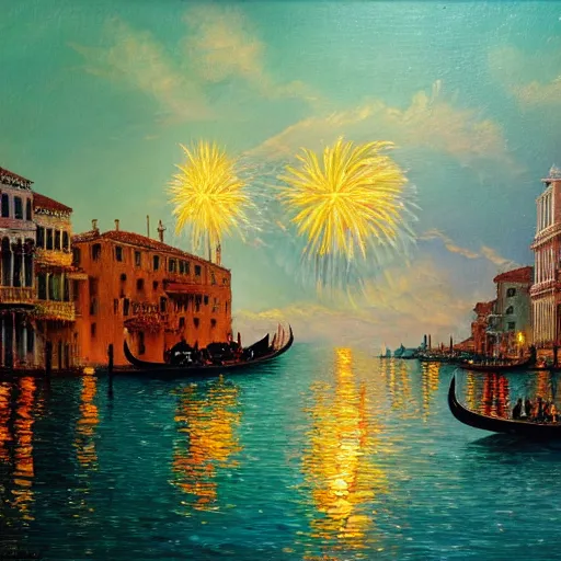 Image similar to an oil painting of fireworks, with happy people in venice