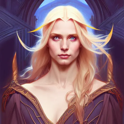 Image similar to half elf sorceress, D&D, blue eyes, blonde hair, fantasy, intricate, elegant, highly detailed, digital painting, artstation, concept art, smooth, sharp focus, illustration, art by artgerm and greg rutkowski and alphonse mucha