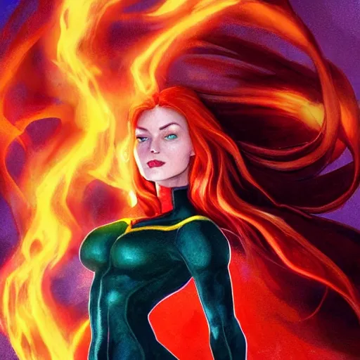 Image similar to jean grey, a full body portrait of jean grey, green eyes, red hair, phoenix rising, flames, flying, comic, x - men, highly detailed, artstation, deviantart, symetry, digital painting, vivid colors, realistic shaded perfect face, volumetric lighting, atmospheric, sharp focus, moody, art by artgerm and greg rutkowski, 8 k