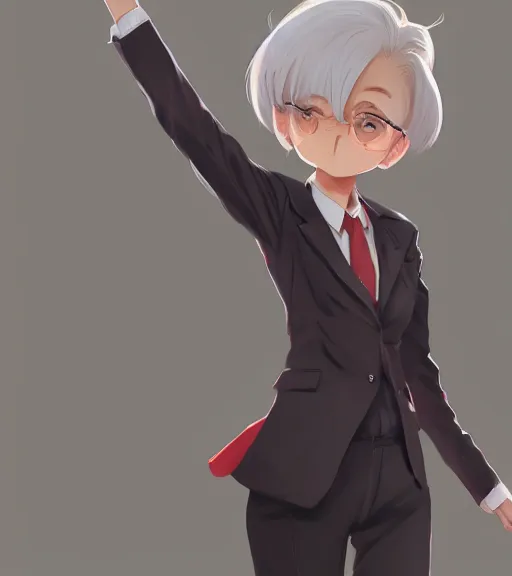 Image similar to a girl in a business suit, close up, sharp focus, red necktie, grey hair, happy expression, full body shot, pixiv, digital painting, by tran ross and jordan grimmer and greg rutkowski, anime art, artstation, hd, smooth