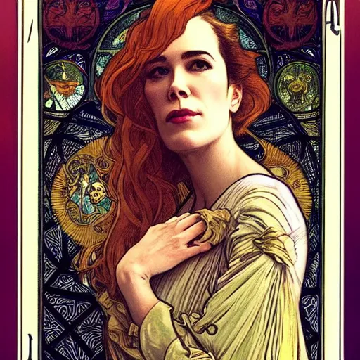 Prompt: sara paulson portrait by louis - theophile hingre and alphonse mucha, realistic, sharp focus, zodiac signs, tarot cards, planets, ethereal, art nouveau, magic, moon, sun, crown, dreamy, royal, jewellery