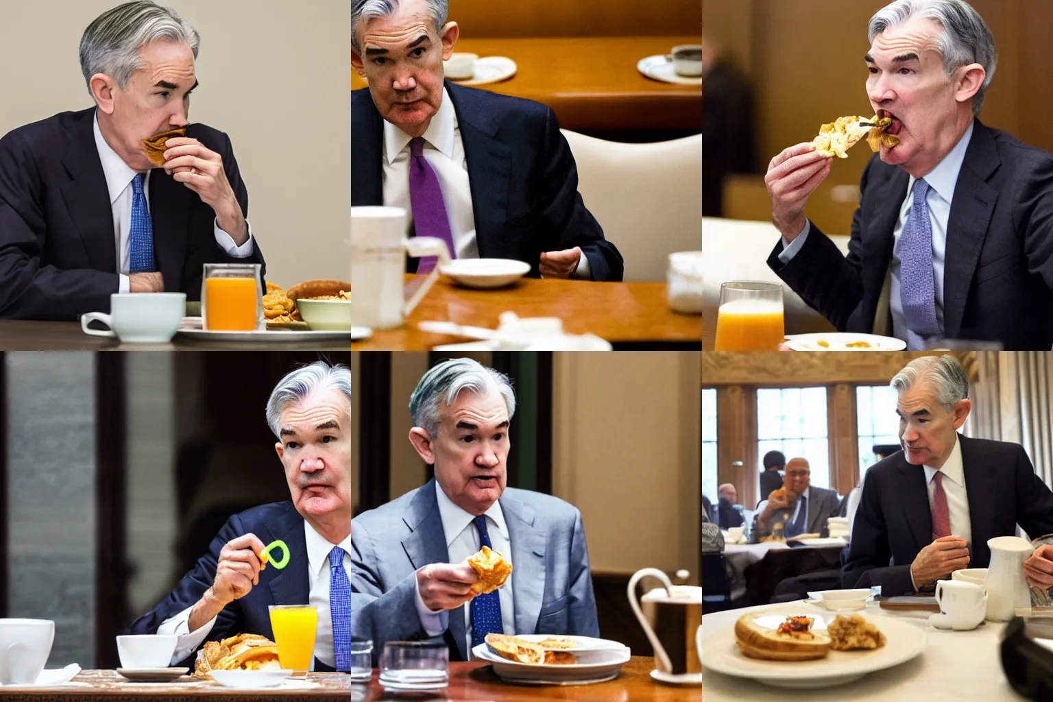 Prompt: tired jerome Powell eating breakfast