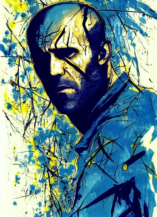 Image similar to horror art, jason statham vampire hunter, blue and gold trees in the background, art by jock