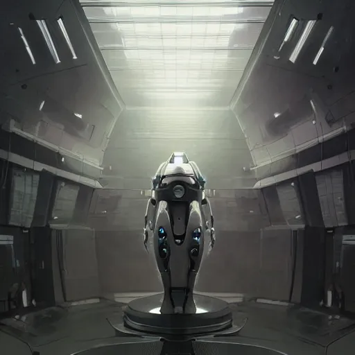 Prompt: detailed character concept art portrait of a detailed and hi - tech robot in an empty chamber, artstation, award - winning realistic sci - fi concept art by greg rutkowski and yoshitaka amano, in the style of moebius, realism masterpiece.