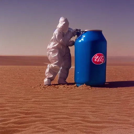 Image similar to a man wearing a hazmat suit, in the desert, giant pepsi cans imbedded in sand in background, film still, panavision panaflex