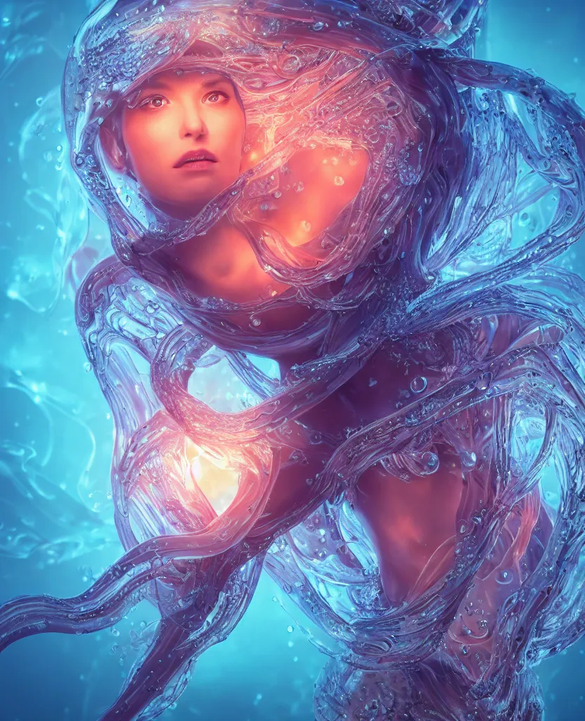 Image similar to close-up macro portrait of the face of a beautiful princess, epic angle and pose, symmetrical artwork, 3d with depth of field, blurred background, cybernetic jellyfish female face skull phoenix bird, translucent, nautilus, energy flows of water and fire. a highly detailed epic cinematic concept art CG render. made in Maya, Blender and Photoshop, octane render, excellent composition, cinematic dystopian brutalist atmosphere, dynamic dramatic cinematic lighting, aesthetic, very inspirational, arthouse. y Greg Rutkowski, Ilya Kuvshinov, WLOP, Stanley Artgerm Lau, Ruan Jia and Fenghua Zhong