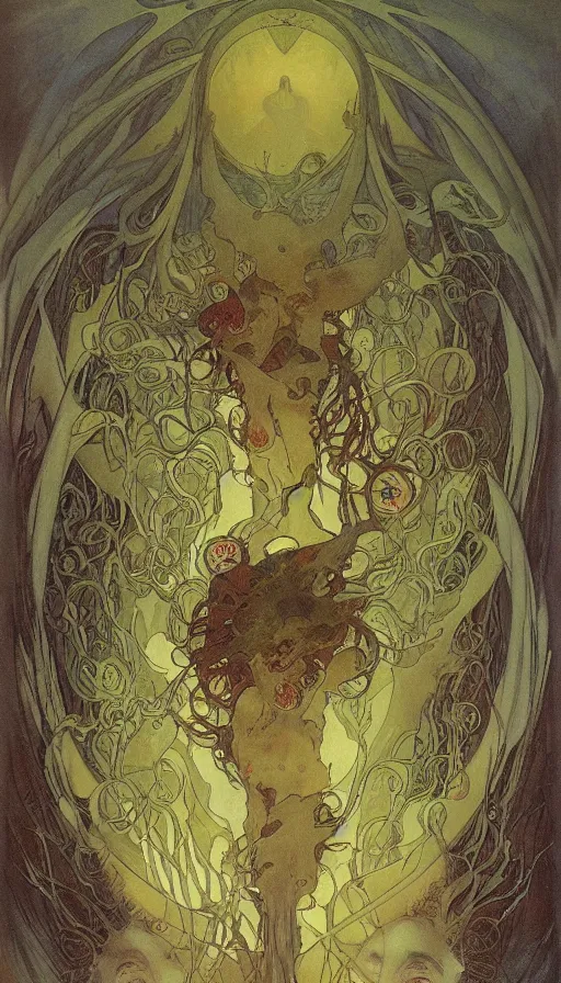 Image similar to a storm vortex made of many demonic eyes and teeth, by alfons maria mucha