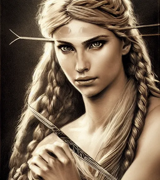 Prompt: portrait of beautiful aphrodite goddess as an archer warrior, arrow, beautiful piercing eyes, flowing blonde hair, realistic face, black and white drawing, in the style of greg rutkowski, fantasy, amazing detail, epic, intricate, elegant, smooth, sharp focus