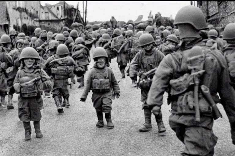 Image similar to baby soldiers storming normandy, old world war 2 photo, film grain