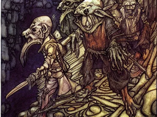 Image similar to goblins by arthur rackham and by Tony DiTerlizzi and by brian froud