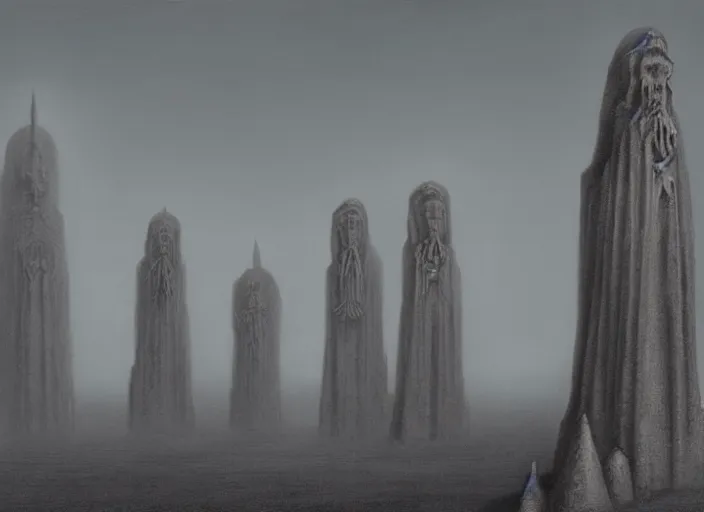 Image similar to matte painting of omniscient tall statues of gods towering above a lone individual, by zdzislaw beksinski, by dariusz zawadzki, by wayne barlowe, gothic, surrealism, cosmic horror, lovecraftian, cold hue's, warm tone gradient background, concept art, beautiful composition