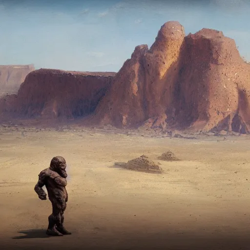 Image similar to Panorama view of a giant golem in a desert, oil painting, by Greg Rutkowski