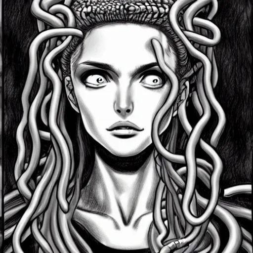 Prompt: rounded frame of head of medusa from greek mythology wearing snakes in place of hair, in berserk manga, angelina jolie face smiling seductive expression, big snakes heads with open mouth, manga drawing, by kentaro miura