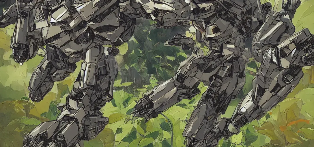 Prompt: mecha moving away from the spacecraft, sheet of vegetation and foliage, in the graphic style of Patrick Gleason and Matt James, detailed art, trending on Artstation, sharp focus, Beautiful comic art