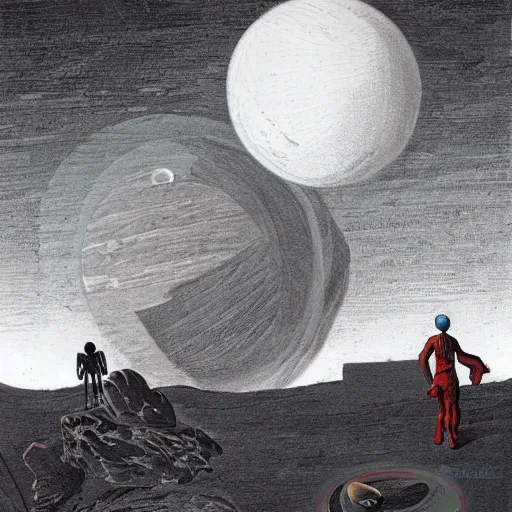 Image similar to Illustration. A beatiful illustration of a planet with two moons in the background. In the foreground, there is a woman wearing a spacesuit and holding a phaser. She is standing on a rocky surface, and there is a ship in the distance. claymation by Max Ernst robust