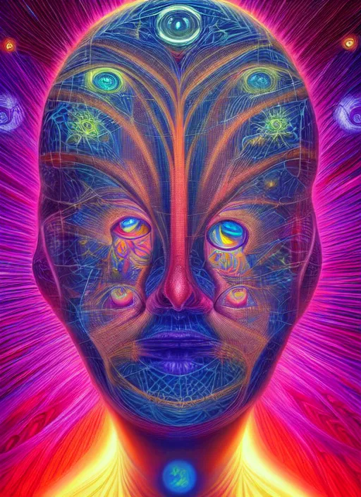 Image similar to humankind transcendence into collaborative intelligence, connectedness, bosy, ai, by alex grey, album cover, award winning, beautiful, colorful, volumetric lighting, trending on artstation