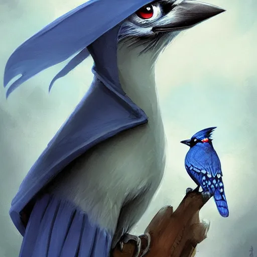 Prompt: wise old blue jay, tiny, small, short, wizard robe, cute and adorable, pretty, beautiful, dnd character art portrait, matte fantasy painting, deviantart artstation, by jason felix by steve argyle by tyler jacobson by peter mohrbacher, cinema