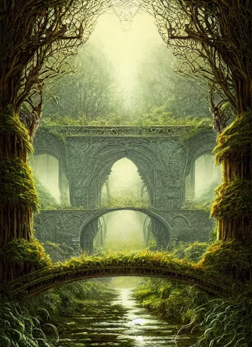 Image similar to book cover!!!!!!!!!!!!, old bridge, ivy vector elements at each border, fantasy forest landscape, fantasy magic, light night, intricate, elegant, sharp focus, illustration, highly detailed, digital painting, concept art, matte, art by wlop and artgerm and ivan shishkin and andrey shishkin, masterpiece