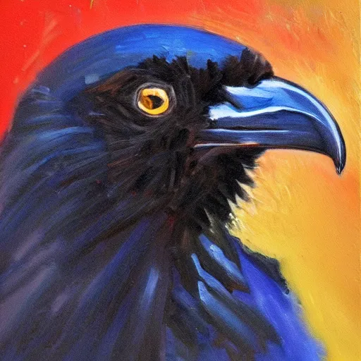 Image similar to impressionist oil painting of a very attractive raven bird