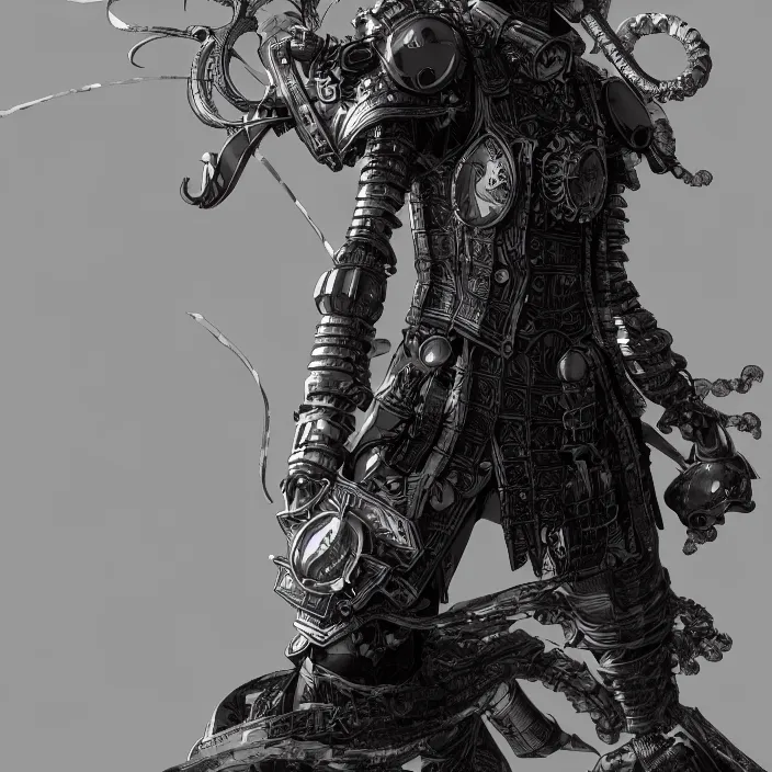 Image similar to a vertical portrait of a manga character in a scenic environment by nihei tsutomu, black and white, dreamy, steampunk armor, highly detailed, 3 d render, vray, octane