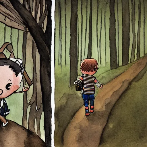 Image similar to mcbess illustration, watercolor, of a little boy with a backpack in a forest