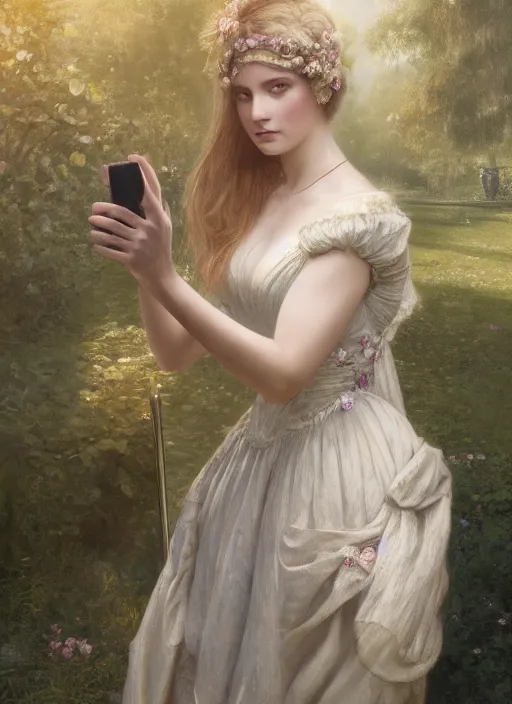 Image similar to upper body portrait of a beautiful maiden in an expensive victorian dress holding a sword and taking a selfie in a royal garden, award winning, masterpiece digital painting by greg rutkowski, alex grey, artstation, 4 k wallpaper,