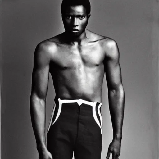 Image similar to the handsome african male model and the black panther, black and white, by richard avedon,