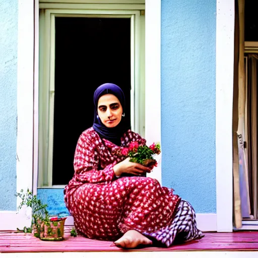 Prompt: a beautiful portrait of actress rabia soyturk sitting on the porch holding a flower, in front of the house