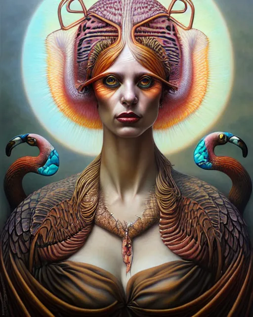 Image similar to a detailed portrait of dreampunk flamingo python hybrid mix goddess by tomasz alen kopera and peter mohrbacher