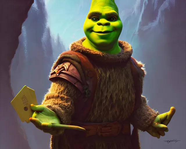 Image similar to michael cera as shrek, dressed as a wizard, deep focus, d & d, fantasy, intricate, elegant, highly detailed, digital painting, artstation, concept art, matte, sharp, illustration, hearthstone, art by artgerm and greg rutkowski and alphonse mucha