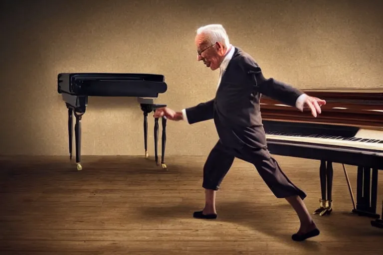 Image similar to amazing award winning photo of an old man chasing a piano with legs, award winning photo
