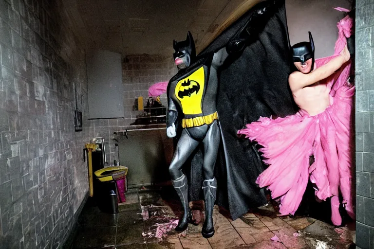 Image similar to michael keaton as batman wearing pink frilly apron offering free beer in dirty disgusting brown bathroom with cracked tiles and mold, atmospheric eerie lighting, dim lighting, bodycam footage, motion blur, blurry photography