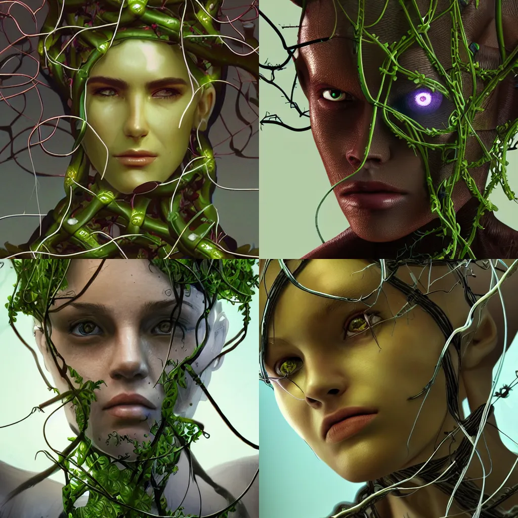 Prompt: close up portrait of a cyborg with vines growing out of its head, artstation