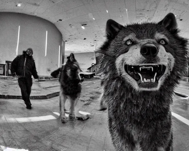 Prompt: Close up camera footage of a extremely aggressive Feral Dire Wolf with severe late stage rabies in an abandoned shopping mall, Wolf Snarling Directly toward camera, Terrifying :7 , high exposure, dark, monochrome, camera, grainy, CCTV, security camera footage, timestamp, zoomed in, Feral, fish-eye lens, Rabid, Dire Wolf, Nightmare Fuel, Wolf, Evil, Bite, Motion Blur, horrifying, lunging at camera :4 bloody dead body, blood on floors, windows and walls :5