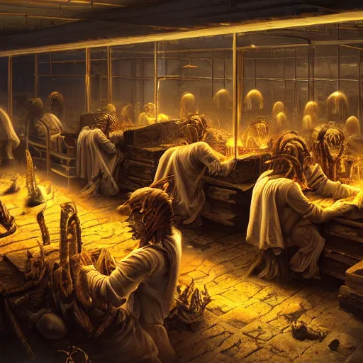 Image similar to evil souls being produced in incomprehensible sweatshop under fluorescent light hell, advanced, photorealistic, realistic, dramatic lighting, fantastic reality, by jeff easley, 8 k resolution