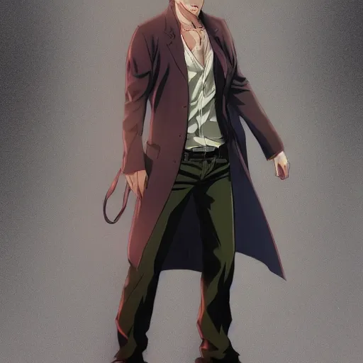 Image similar to John Constantine as an anime character, anime, full body, visualartzi, concept art by Karla Ortiz, James Paick, Charlie Bowater, Krenz Cushart, highly detailed, ultra detailed, ultra realistic, trending on artstation, cgstudio