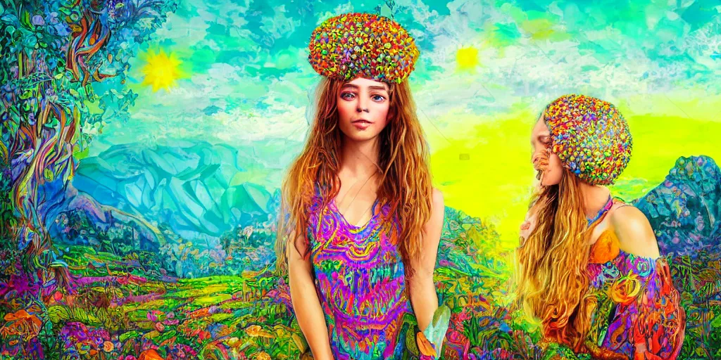 Image similar to portrait of cute hippy girl with mushrooms growing out her head. background psychedelic landscape. highly detailed photorealistic