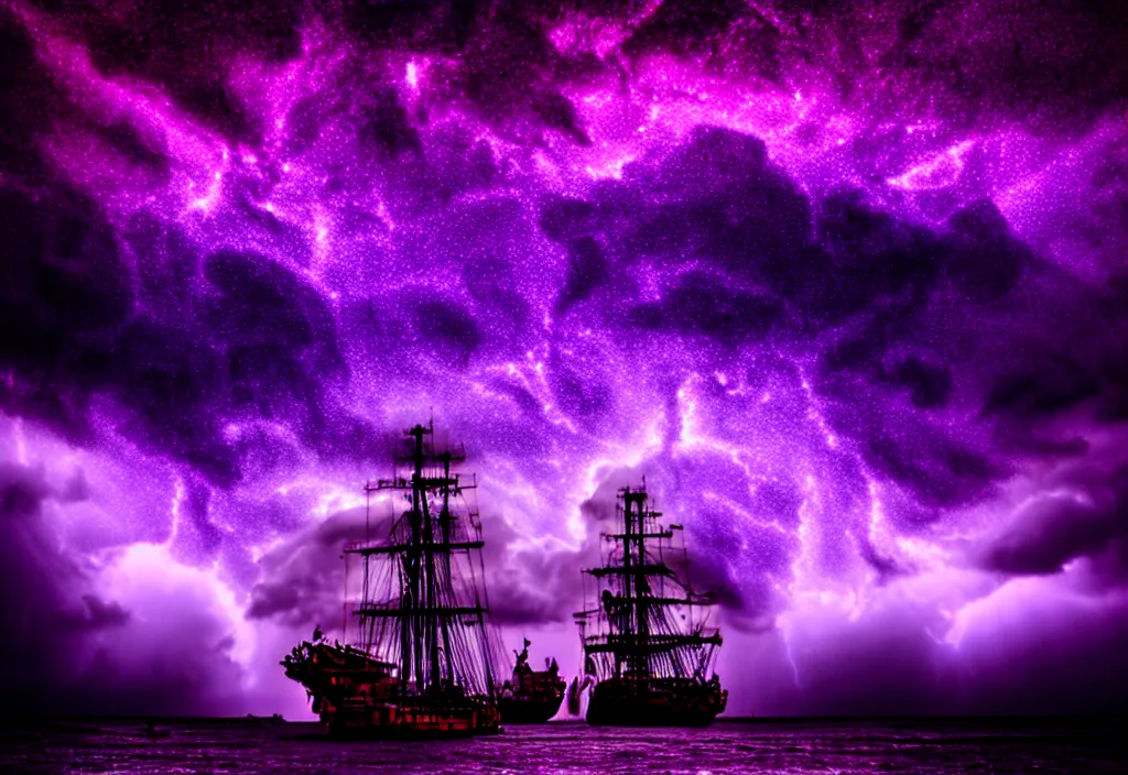 Image similar to purple color lighting storm with stormy sea, pirate ship firing its cannons trippy nebula sky with dramatic clouds 50mm shot