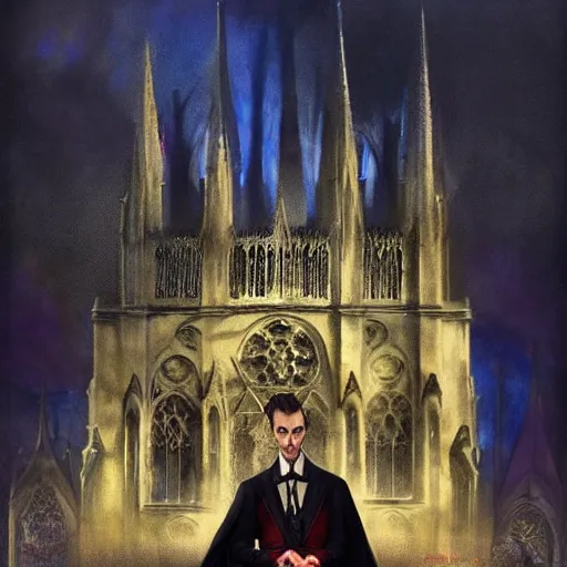 Image similar to Hyperrealistic Count Dracula playing a Gibson electric guitar in front of a gothic cathedral, by Antonio Caparo, Ferdinand Knab, Greg Rutkowski, Amano, and Karol Bak UHD, vivid colors, photorealistic trending on artstation