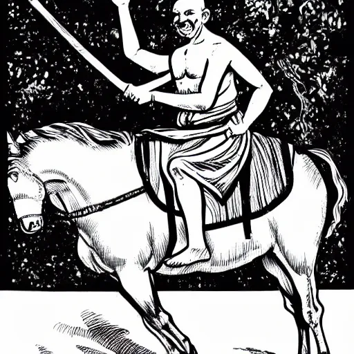 Image similar to gandhi, riding horse, comic style, by arthur adams, black and white