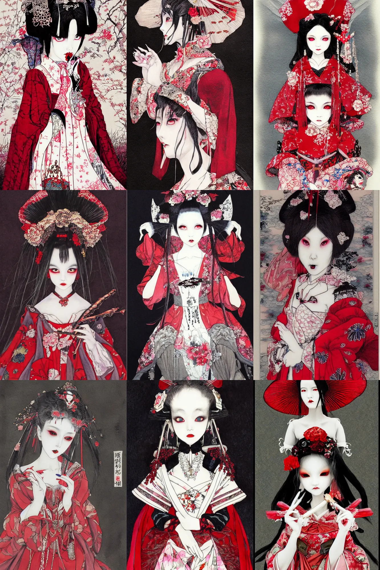 Prompt: watercolor painting of an avant - garde japanese bjd geisha vampire queen in a victorian lolita fashion red dress in the style of dark - fantasy painted by yoshitaka amano, takato yamamoto, ayami kojima, dmt art, symmetrical vogue face portrait, intricate detail, artstation, cgsociety, artgerm, rococo