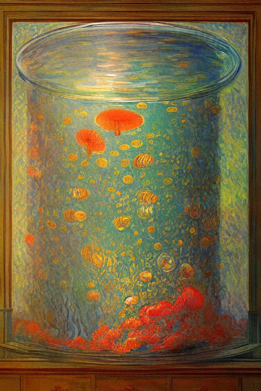 Image similar to a beautiful painting of a cylindrical aquarium with a lot of jellyfish, ray of light, quiet, shimmering and prismatic, rococo, by monet and mucha, trending on artstation.