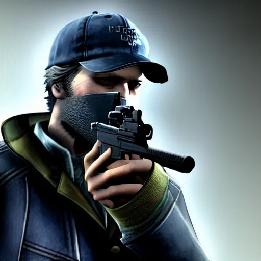 Prompt: aiden pearce from Watch Dogs pointing a gun directly to the camera mad eyes