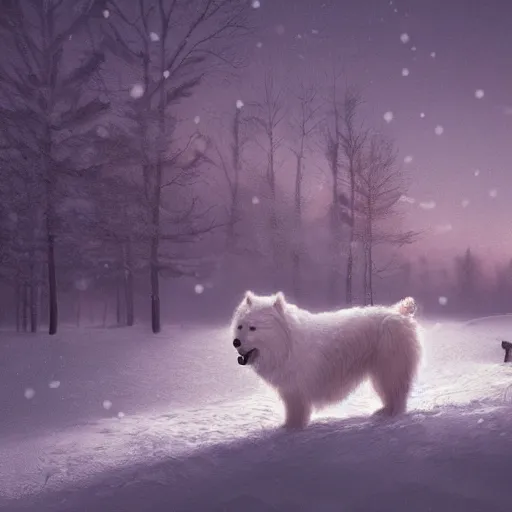 Prompt: A portrait of a samoyed dog in the snow, an epic fantasy, dramatic lighting, cinematic, establishing shot, extremely high detail, photorealistic, cinematic lighting, artstation, by simon stalenhag