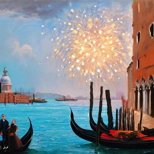 Image similar to an oil painting of couple kissing, in a background fireworks in venice