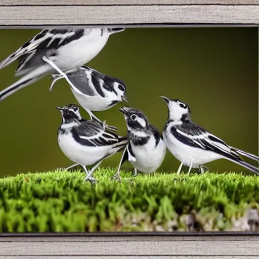 Image similar to three wagtails having a cool birthday party, photo, highly detailed