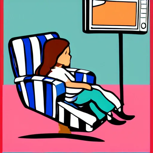 Image similar to digital matte illustration a small girl sitting on a striped chair leaning back watching tv in cyberland - 7 6 8