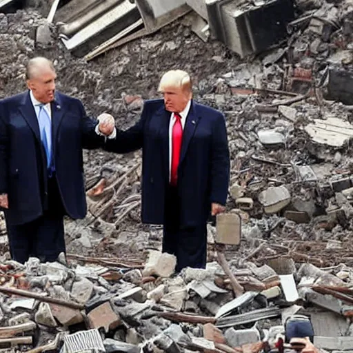 Image similar to a wide shot of Rudy Giuliani and Donald Trump holding hands on top of the world trade center rubble pile in new york