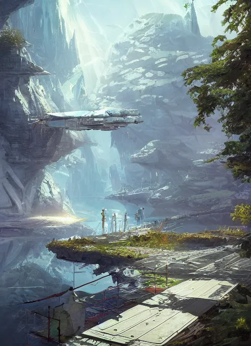 Image similar to A beautiful digital painting of a sci-fi landing platform, crystal lake, lovely valley by Stanley Artgerm Lau, Rossdraws, James Jean, gerald brom, Andrei Riabovitchev, Marc Simonetti, and Sakimichan, trending on artstation