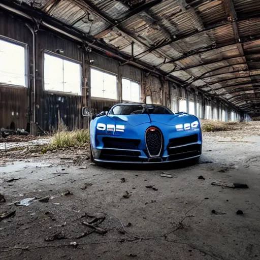 Image similar to an abandoned, derelict, ( really rusty ) bugatti chiron in a dirty warehouse